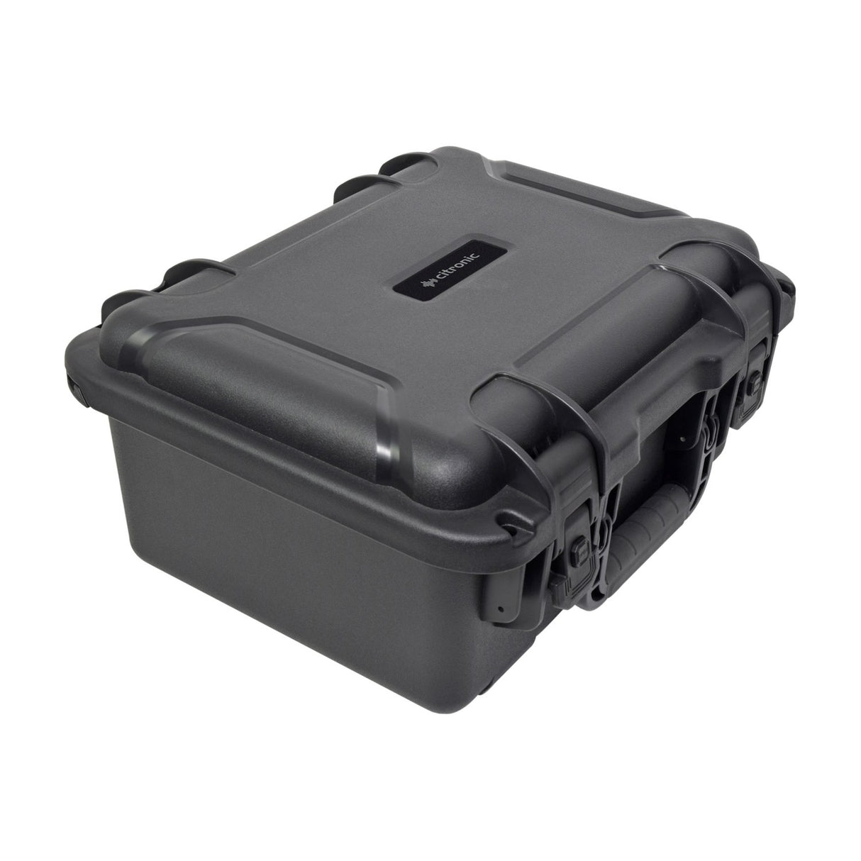 Citronic FLITE-600 powered mixer closed inside its heavy-duty black moulded flight case with locking catches and carry handle, on a white background.