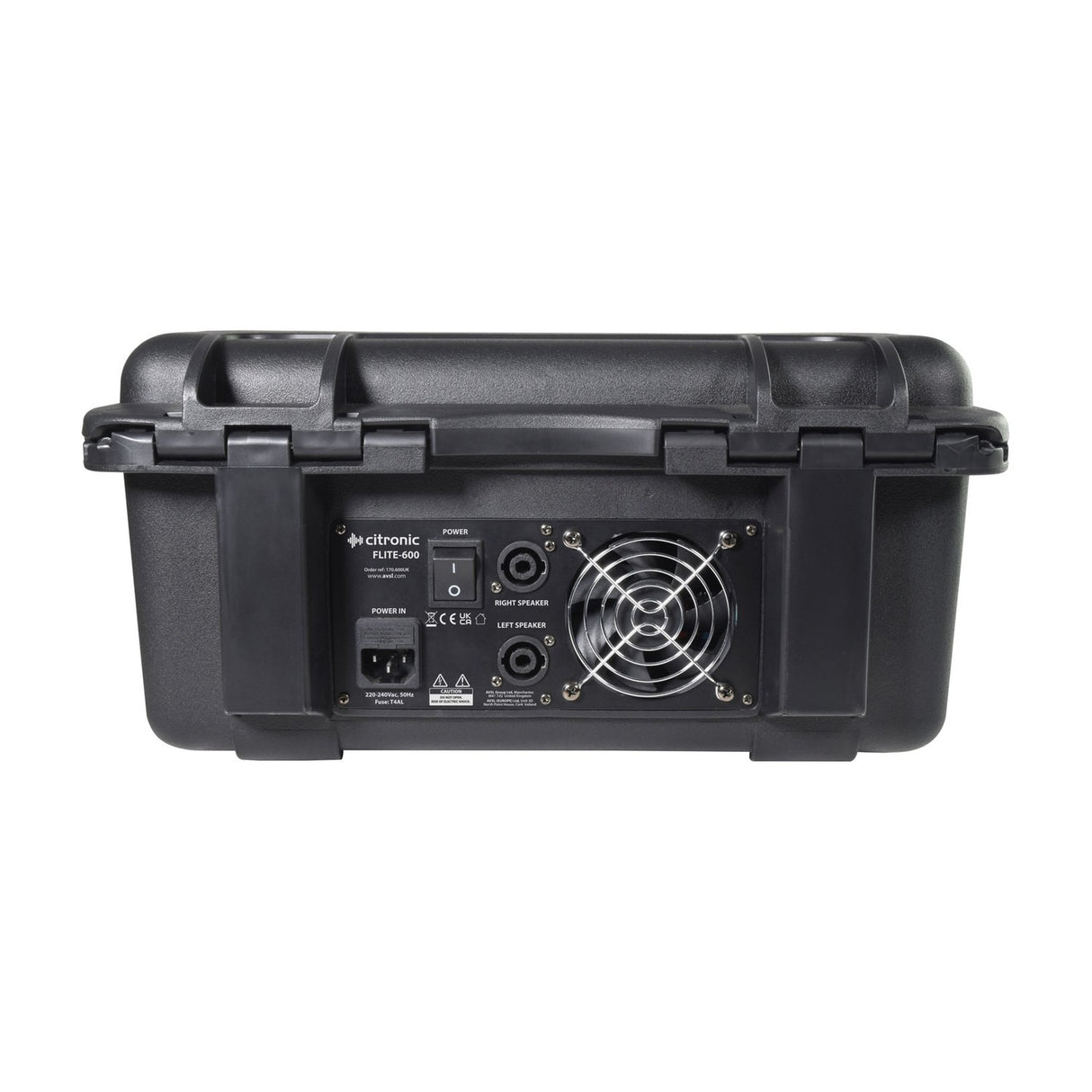 Rear view of the Citronic FLITE-600 powered mixer flight case showing the power inlet, power switch, left and right speaker outputs, and cooling fan grille.