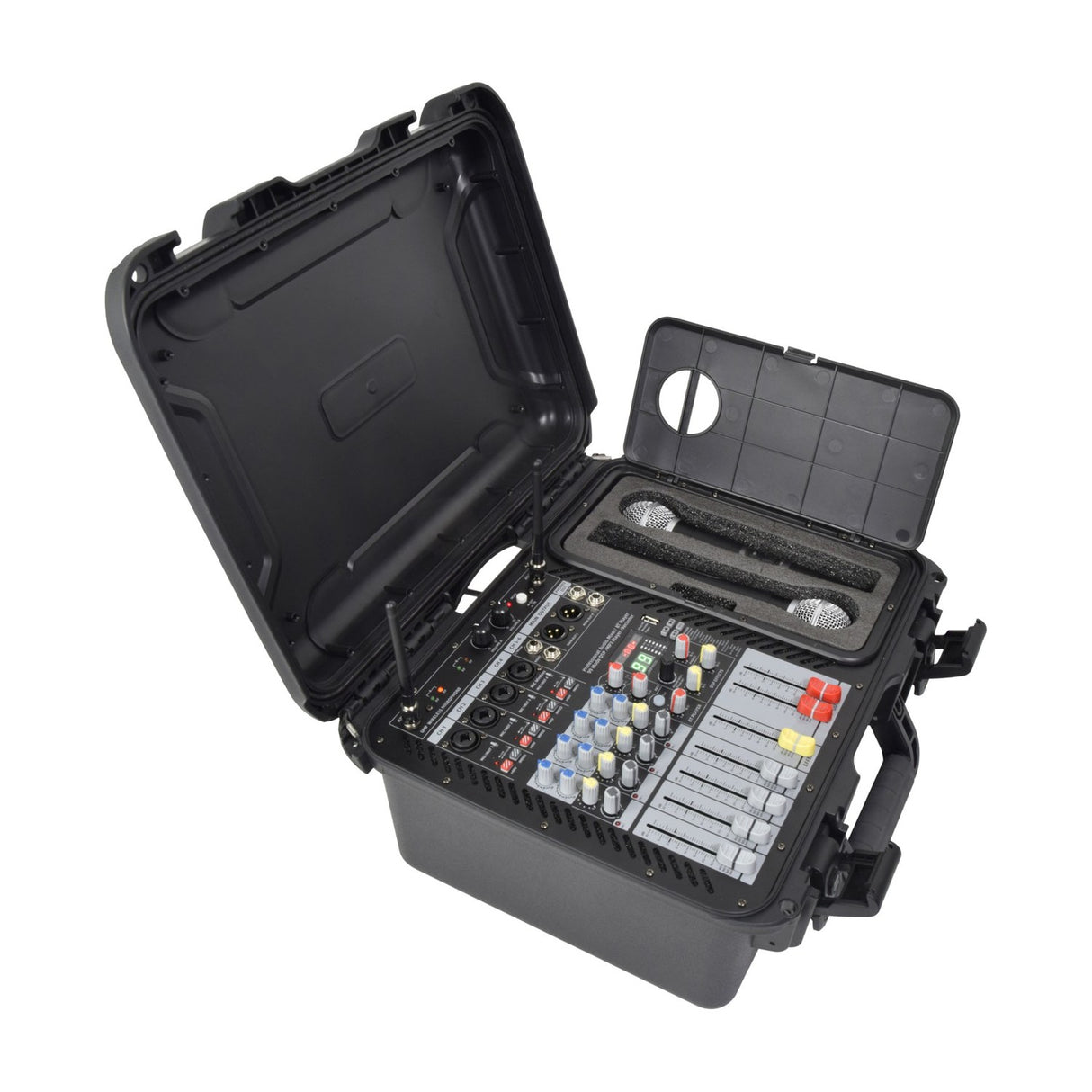 Citronic FLITE-600 powered mixer in open black flight case with 4-channel controls, faders, dual UHF receiver and two wireless handheld microphones.