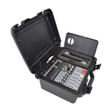 Citronic FLITE-600 powered mixer in open black flight case with 4-channel controls, faders, dual UHF receiver and two wireless handheld microphones.