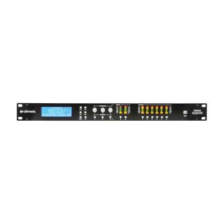 Citronic DSM26 1U rack-mount speaker management processor with blue LCD screen, control buttons, parameter knobs, and input/output LED meters.