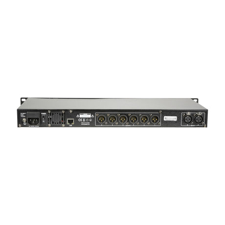Rear panel of the Citronic DSM26 speaker management processor by AVSL, showing IEC inlet, LAN port, six XLR outputs and two XLR inputs.