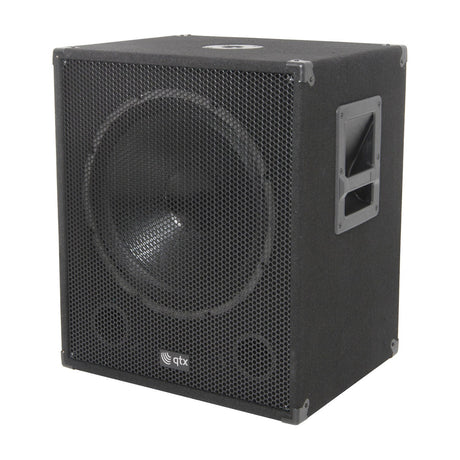 QTX QT15SA active 15" subwoofer in black carpeted wooden cabinet with mesh grille, side handle, metal corner protectors and top pole-mount socket.