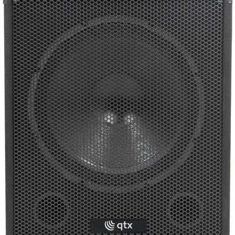 QTX QT15SA active 15" subwoofer in black wooden cabinet with mesh grille front and qtx logo badge at the base.