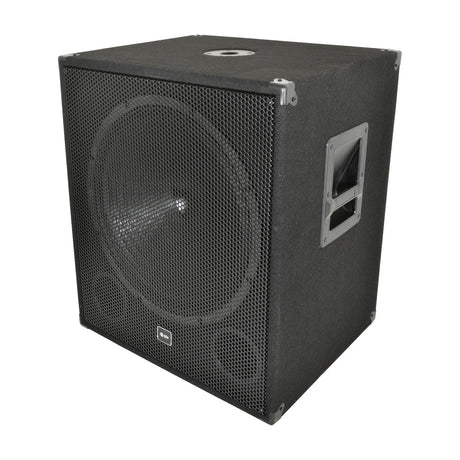 QTX QT18SA active 18-inch 1000W subwoofer in a carpet-covered wooden cabinet with mesh grille, metal corner protectors, side handle and top pole-mount.