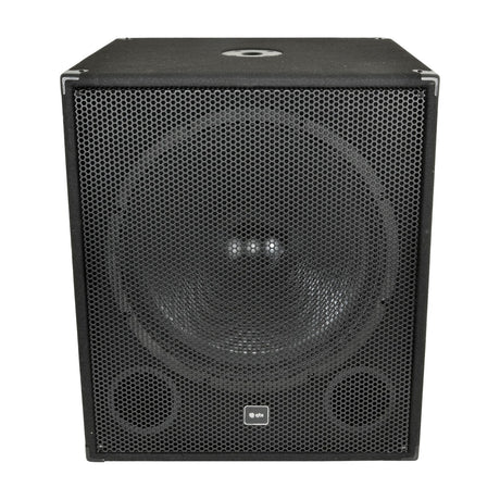 QTX QT18SA active 18-inch 1000W subwoofer with black carpet-covered wooden cabinet, mesh grille, metal corner protectors and top pole-mount socket.