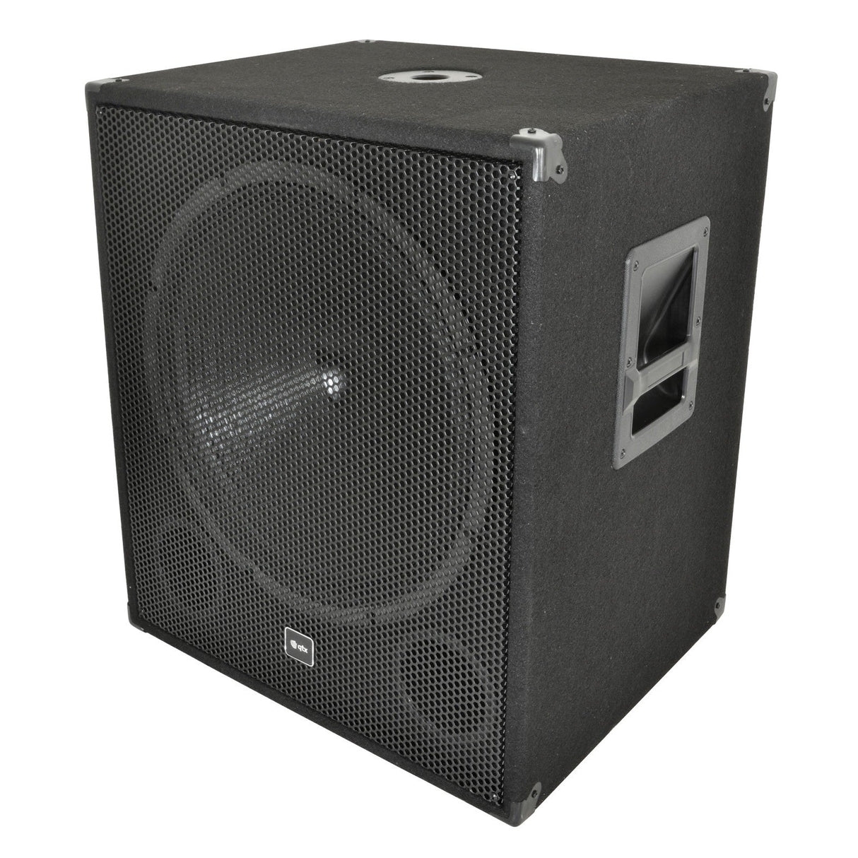 The QTX QT18SA 18" Active Sub - 1000W boasts a black cabinet with a large front grille and sturdy side handles. Its boxy design includes a mesh covering, corner protectors, and a pole-mount option, highlighting its durable construction ideal for audio output.