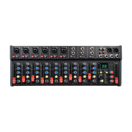 Citronic CSR-63 9-channel rack mixer with 6 mic/line combo inputs, 3 stereo channels, red faders, DSP effects display and Bluetooth, on a white background.