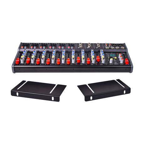 Citronic CSR-63 9-channel rack mixer with red faders, blue and yellow knobs, DSP display and two black rack-mount end panels on a white background.