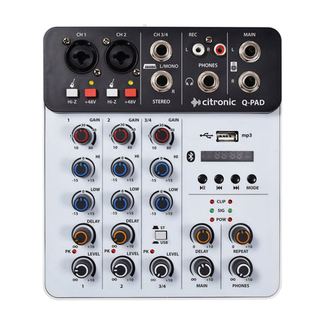 Citronic Q-PAD compact mixer with XLR and jack inputs, gain and EQ controls, USB and Bluetooth playback, on a white background.