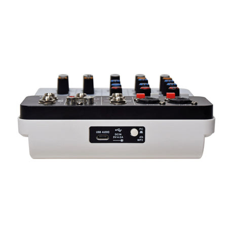 Rear view of the Citronic Q-PAD compact mixer by AVSL, showing the USB Type-C audio and power port alongside a PC/MP3 mode button on a white background.