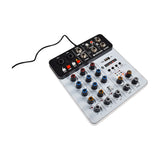 Citronic Q-PAD compact mixer in white and black with XLR/jack inputs, coloured gain and EQ knobs, USB port and Bluetooth, on a white background.