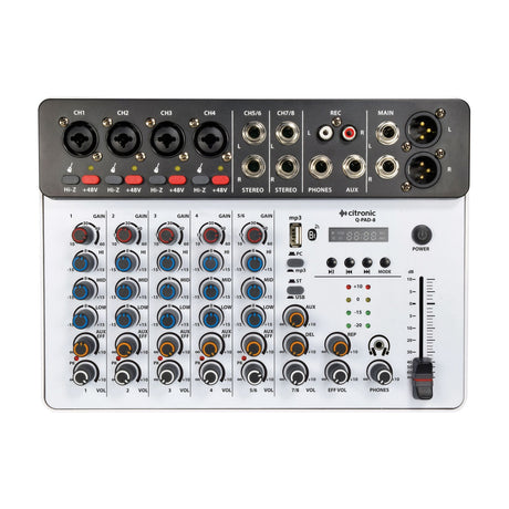 Citronic Q-PAD-8 compact 8-channel USB and Bluetooth mixer with XLR/jack inputs, EQ knobs, USB port and fader on a white background.