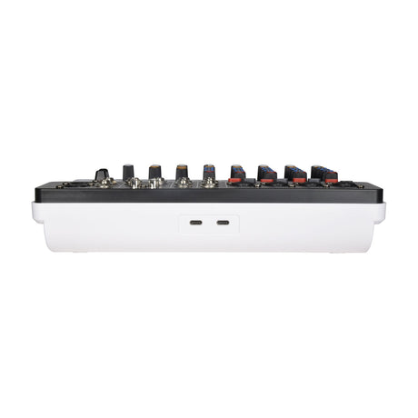 Side view of the Citronic Q-PAD-8 compact 8-channel USB/Bluetooth mixer showing two USB-C ports on the white casing and control knobs along the top.