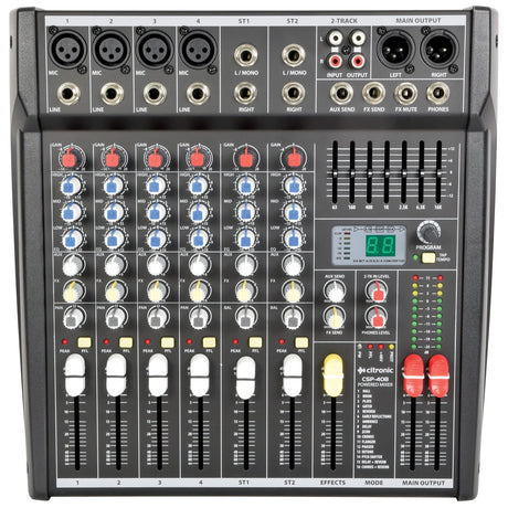 Citronic CSP-408 compact powered mixer with XLR and line inputs, gain and EQ knobs, channel faders, graphic EQ, DSP display and main output faders.