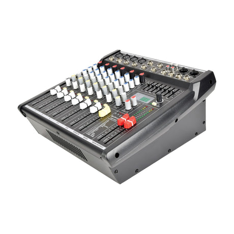 Citronic CSP-408 400W compact powered mixer with faders, coloured knobs, graphic EQ sliders and rear XLR and jack inputs on a white background.