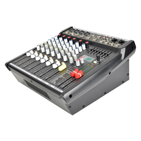 The Citronic CSP-408 Powered Mixer - 400W is a compact device featuring an array of knobs, sliders, and input ports. Its black casing is angled for easy access, while the red, white, and blue knobs facilitate convenient sound level adjustments. Integrated DSP effects provide a range of audio enhancement options.