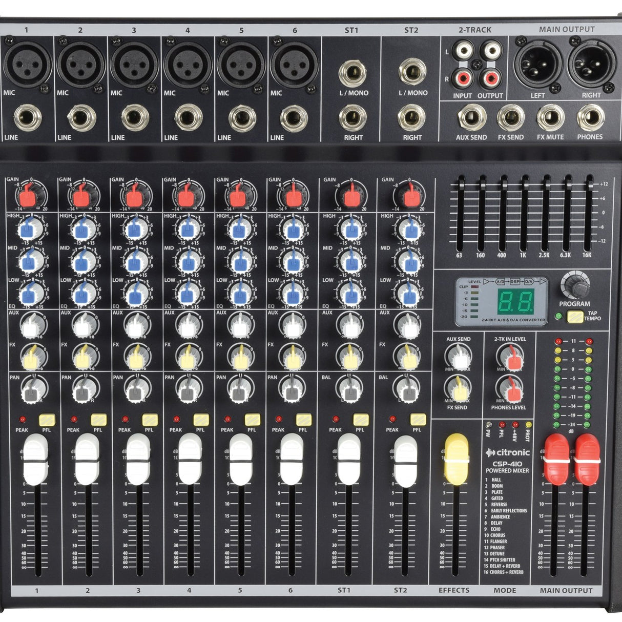 Citronic CSP-410 400W powered mixer with XLR and line inputs, 3-band EQ knobs, channel faders, 7-band graphic EQ and DSP effects display.