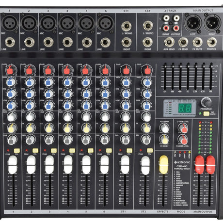 Citronic CSP-410 400W powered mixer with XLR and line inputs, 3-band EQ knobs, channel faders, 7-band graphic EQ and DSP effects display.