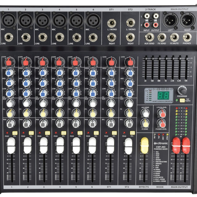 Citronic CSP-410 400W powered mixer with XLR and line inputs, 3-band EQ knobs, channel faders, 7-band graphic EQ and DSP effects display.