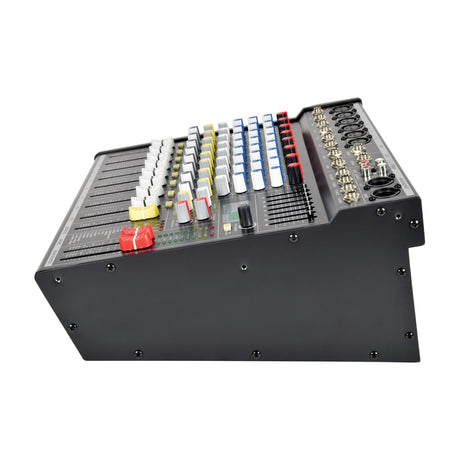 Side view of Citronic CSP-410 400W powered mixer by AVSL, showing white, yellow, blue and red knobs, faders, XLR and jack inputs on a plain background.