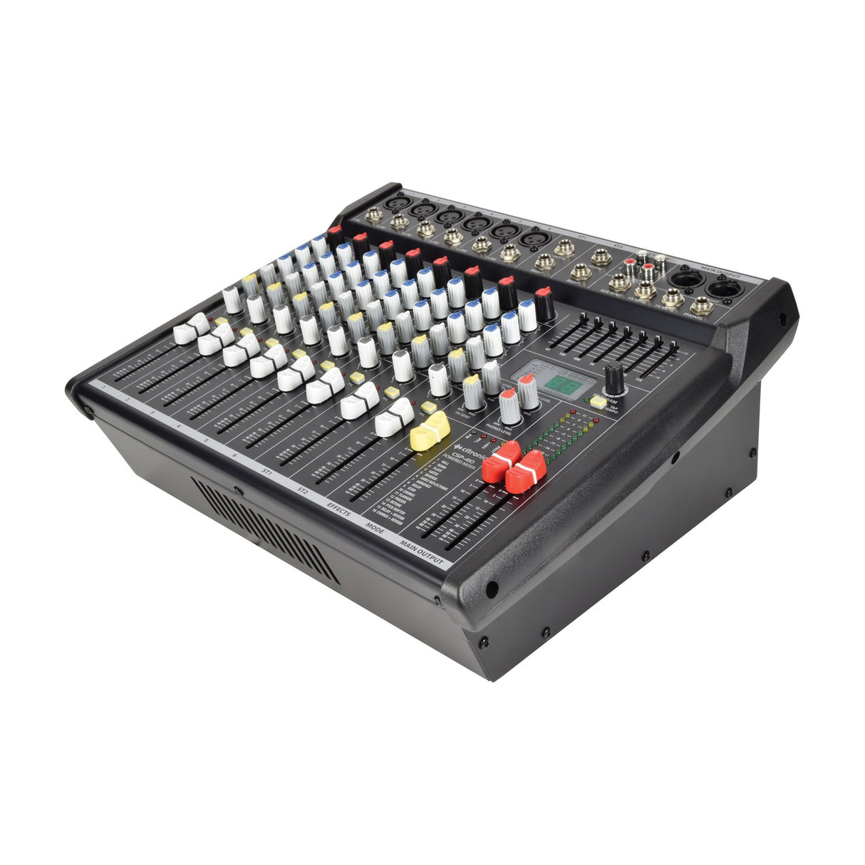 Citronic CSP-410 400W powered mixer with multi-channel faders, coloured control knobs, graphic EQ sliders, DSP display and rear XLR inputs.