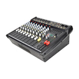 Citronic CSP-410 400W powered mixer with multi-channel faders, coloured control knobs, graphic EQ sliders, DSP display and rear XLR inputs.