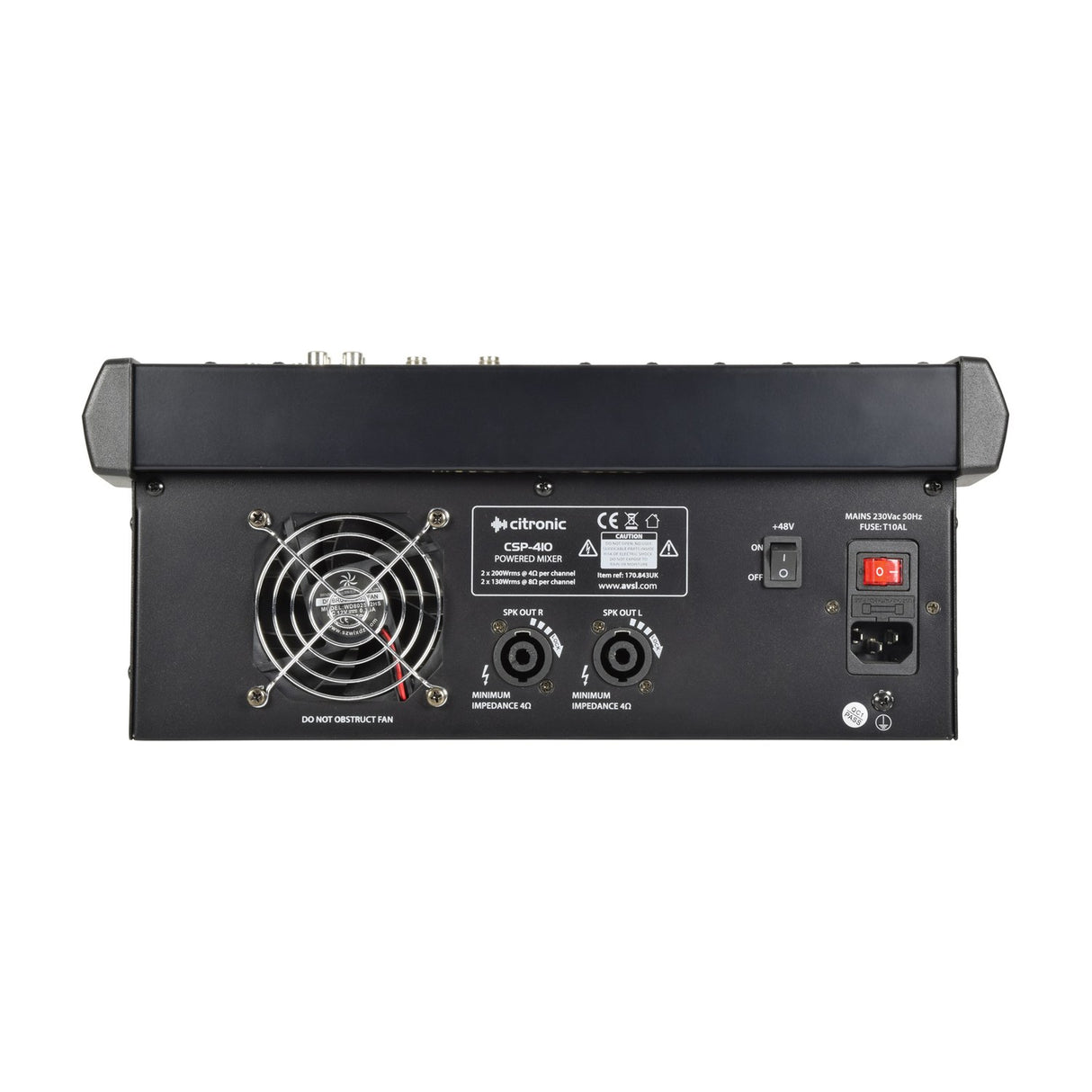 Rear panel of the Citronic CSP-410 powered mixer by AVSL showing cooling fan, L and R SPK speaker outputs, phantom power switch, IEC mains inlet and fuse.