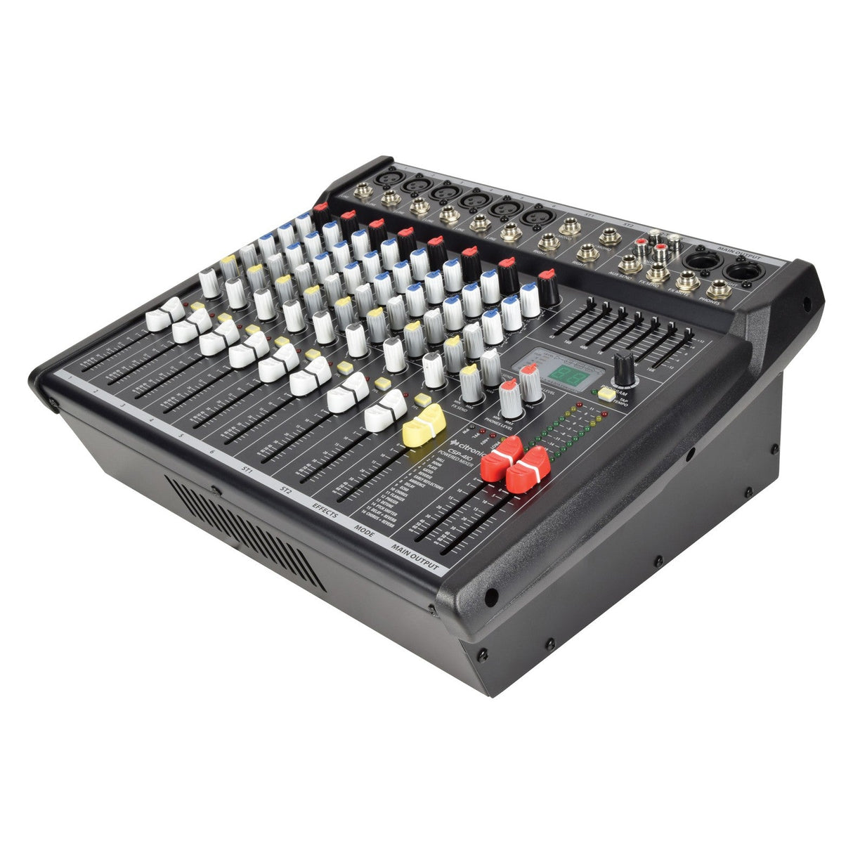 Introducing the Citronic CSP-410 Powered Mixer - 400W, a sleek black audio mixing console equipped with a built-in stereo amplifier. It offers multiple channels featuring assorted colored knobs, faders, and various input/output ports. The mixer is designed with an upward angle to highlight its comprehensive controls, including a versatile 16 program DSP for flexible sound management.