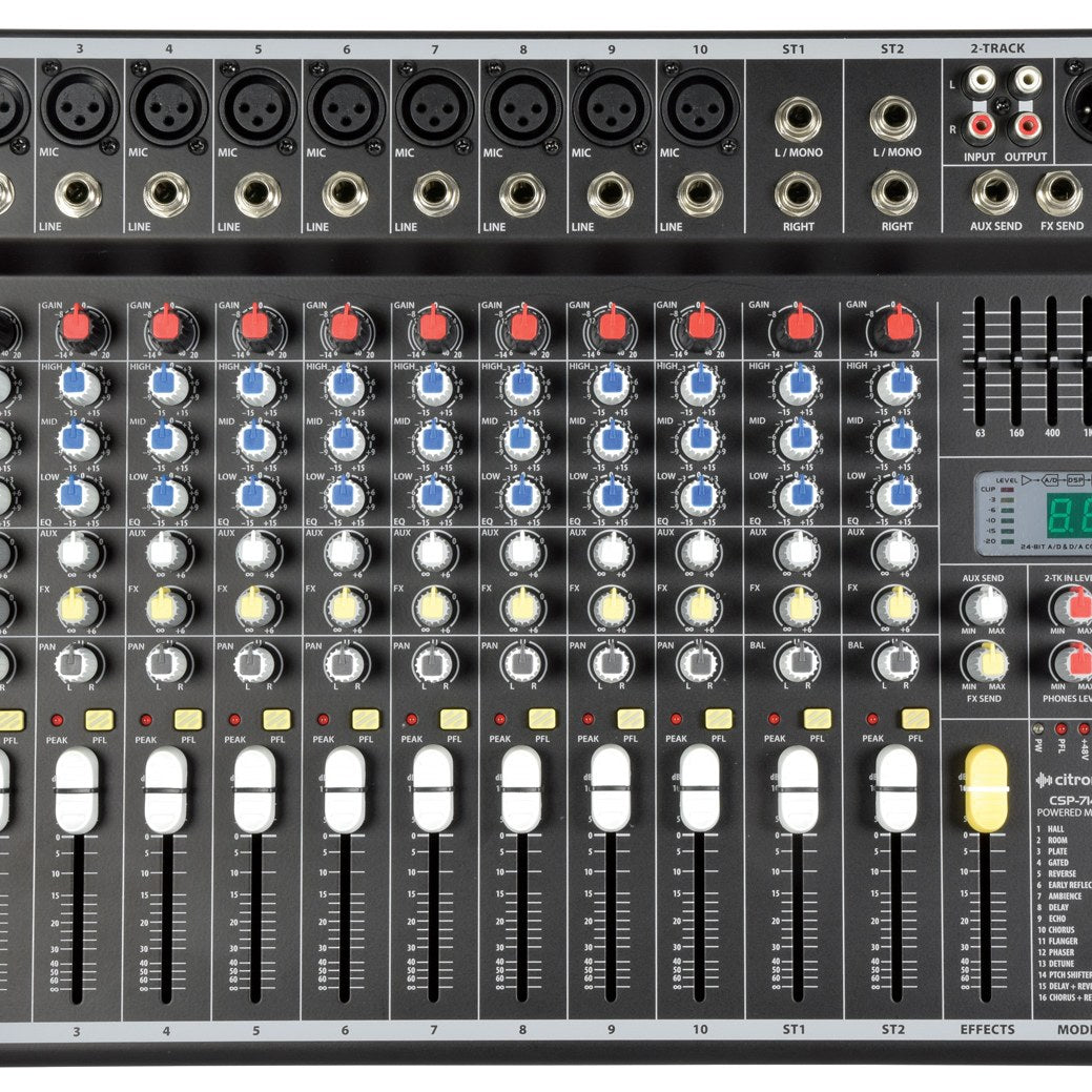 Citronic CSP-714 700W powered mixer with XLR and jack inputs, red gain knobs, blue EQ controls, white channel faders and DSP effects display.