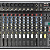 Citronic CSP-714 700W powered mixer with XLR and jack inputs, red gain knobs, blue EQ controls, white channel faders and DSP effects display.