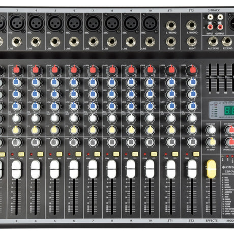 Citronic CSP-714 700W powered mixer with XLR and jack inputs, red gain knobs, blue EQ controls, white channel faders and DSP effects display.