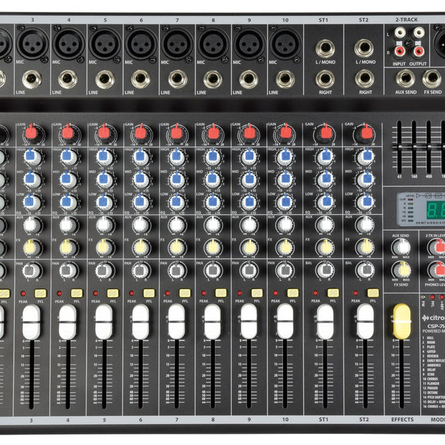 Citronic CSP-714 700W powered mixer with XLR and jack inputs, red gain knobs, blue EQ controls, white channel faders and DSP effects display.