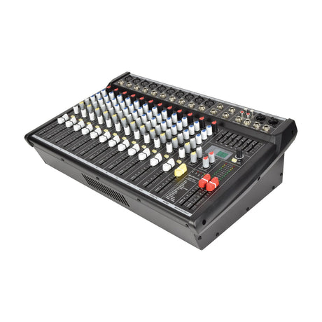Citronic CSP-714 700W powered mixer with multiple channel faders, coloured EQ knobs, DSP display and main output faders, shown at an angle.
