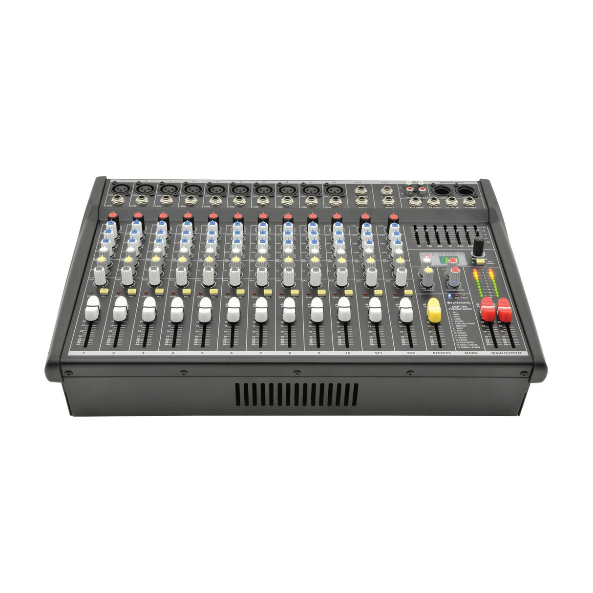 Citronic CSP-714 700W powered mixer with 10 mono channels, stereo inputs, 3-band EQ knobs, faders, graphic EQ and DSP effects panel.