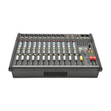 Citronic CSP-714 700W powered mixer with 10 mono channels, stereo inputs, 3-band EQ knobs, faders, graphic EQ and DSP effects panel.