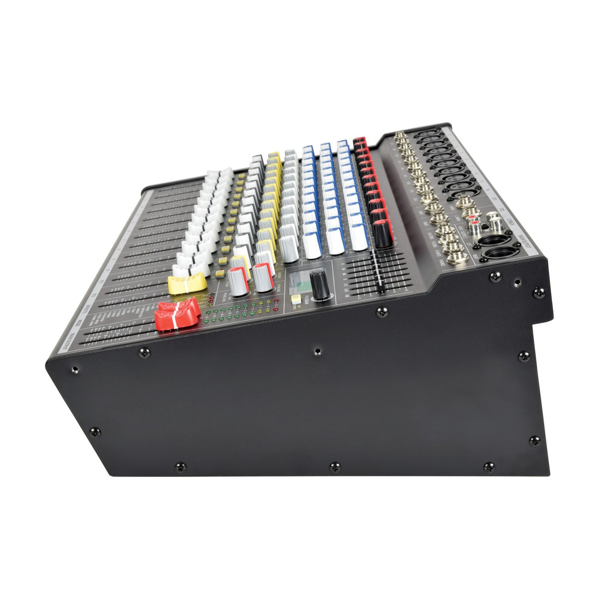 Side view of the Citronic CSP-714 700W powered mixer showing coloured knobs, faders, rear XLR and jack inputs, and black metal casing on a white background.