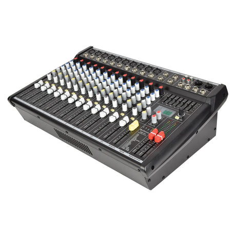 The Citronic CSP-714 Powered Mixer - 700W is a black audio mixing console featuring numerous rows of knobs, sliders, and input jacks. Its slightly angled design prominently displays its extensive array of controls for sound mixing and adjustments.