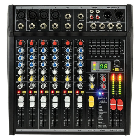 The Citronic CSL-8 Mixing Console 8 Input, in black, resembles advanced mixing consoles and is equipped with multiple knobs, sliders, and input ports for channels. It features top ports for microphones and instruments. LED lights and a digital display show volume levels, while DSP effects provide enhanced sound control options.