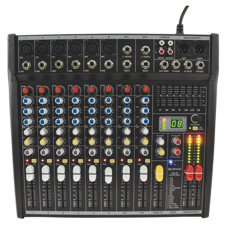 Image of the Citronic CSL-10 Mixing Console 10 Input, a compact device featuring multiple channels, knobs, and sliders for adjusting sound levels. This console includes various inputs and outputs, a 3-band EQ, DSP effects, and an LED display, making it ideal for audio production and live sound mixing.