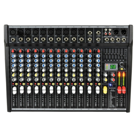 The Citronic CSL-14 Mixing Console 14 Input features multiple channels, each equipped with knobs and faders for precise volume and sound adjustments. It includes DSP effects and various input and output ports located at the top. LED meters on the right side display sound levels for accurate control.