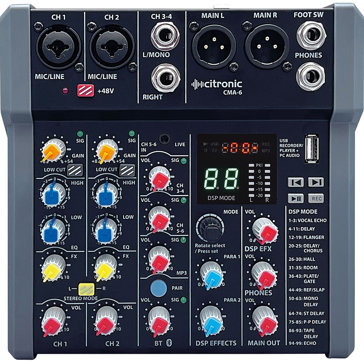 Citronic CMA-6 Compact 6-Channel Mixer with DSP & Bluetooth