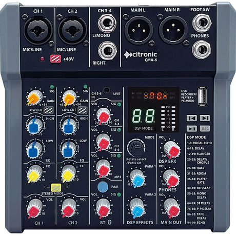 Citronic CMA-6 compact 6-channel mixer with XLR combo inputs, DSP effects, Bluetooth, USB port, and coloured control knobs on top panel.