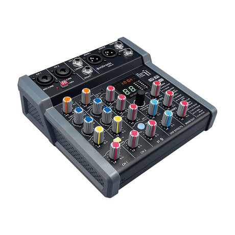 Citronic CMA-6 compact 6-channel mixer with colour-coded knobs, XLR outputs, USB port and DSP display on a white background.