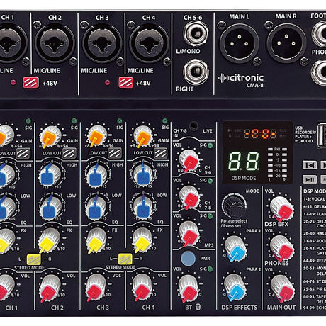 Close-up of the Citronic CMA-8 compact mixer showing XLR/jack combo inputs, phantom power switches, gain, EQ and FX knobs, DSP display and USB port.