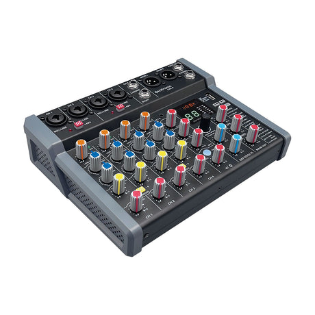 Citronic CMA-8 compact mixer with combo XLR/jack inputs, coloured EQ and gain knobs, DSP display, USB port and Bluetooth, shown on a white background.