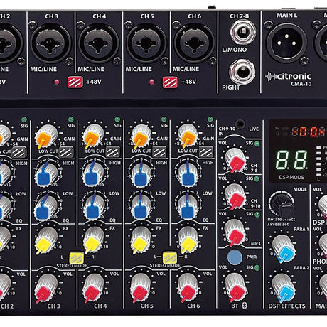 Close-up of the Citronic CMA-10 Compact Mixer showing XLR/jack inputs, +48V phantom switches, gain, EQ and FX knobs, DSP display and Bluetooth controls.