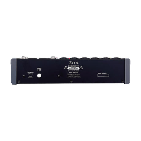 Rear panel of the AVSL Citronic CMA-10 compact mixer showing USB-C power input, on/off switch, XLR outputs and control knobs on a white background.