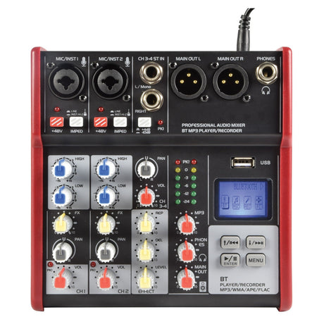 The Citronic CSM-4 Mixer With USB/Bluetooth Player is a professional audio mixer that offers multiple channels, various knobs, and multiple input ports. It comes equipped with Bluetooth connectivity, USB support, phantom power, and precise controls for adjusting audio levels to your preference. The device features an attractive red and black design complemented by a digital display and playback buttons.