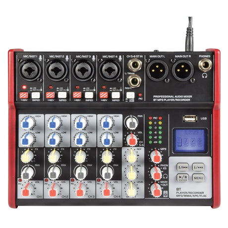 The Citronic CSM-6 Mixer with USB/Bluetooth Player is a professional audio mixer equipped with multiple input/output ports, controls, and knobs for precise volume and sound adjustments. It features a digital display screen and USB connectivity for easy integration, along with a digital delay effect, all housed in a compact red and black body.